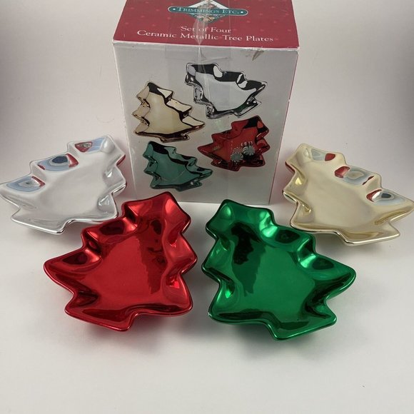 Holiday Tree Plates by Trimmings Etc. 4 Ceramic Metallic Small Serving Plates - Picture 4 of 11